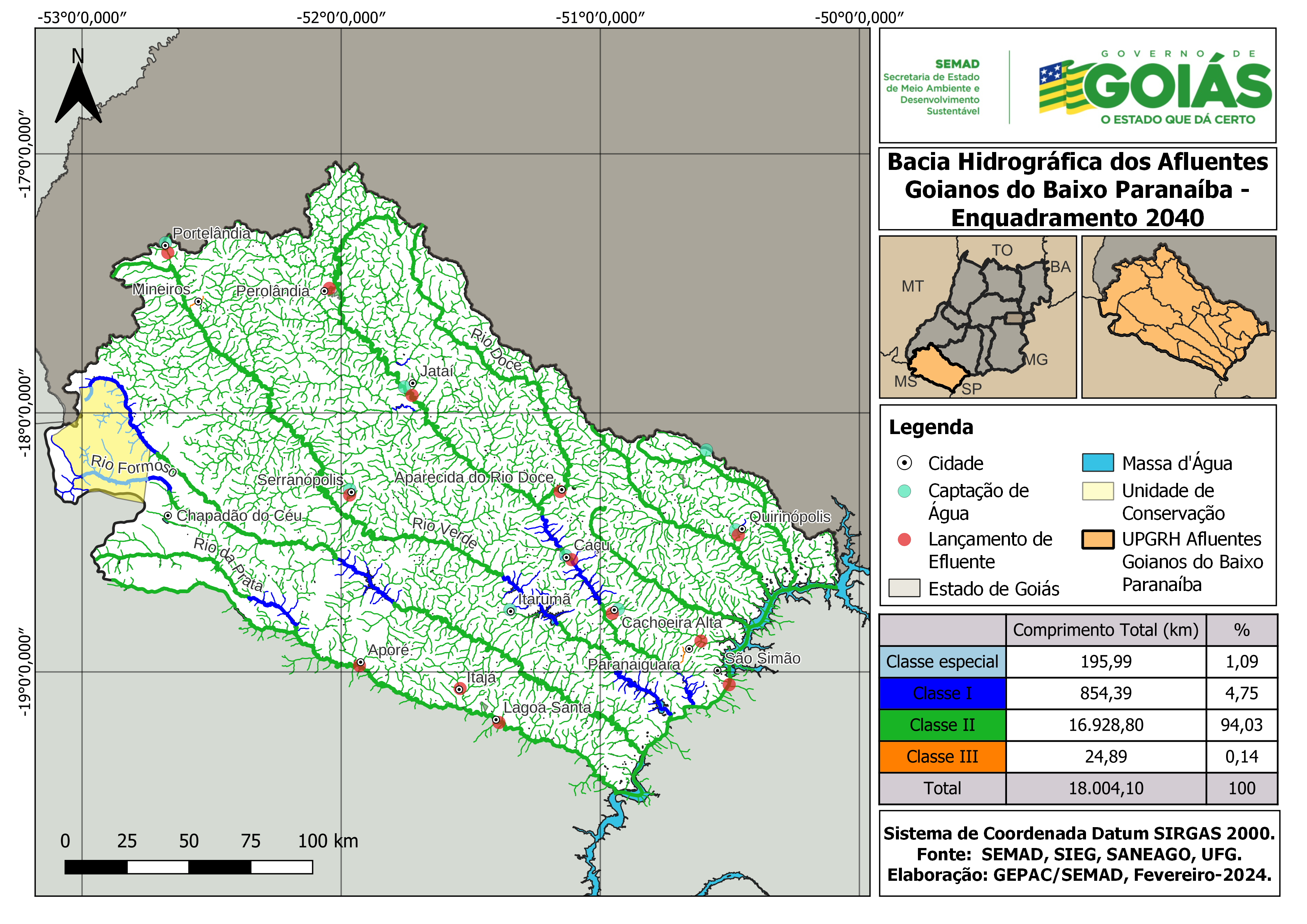 Figura – Proposta de enquadramento para o ano de 2040 da UPGRH dos Afluentes Goianos do Baixo Paranaíba considerando a Proposta do Grupo de Trabalho da PSEMAD.