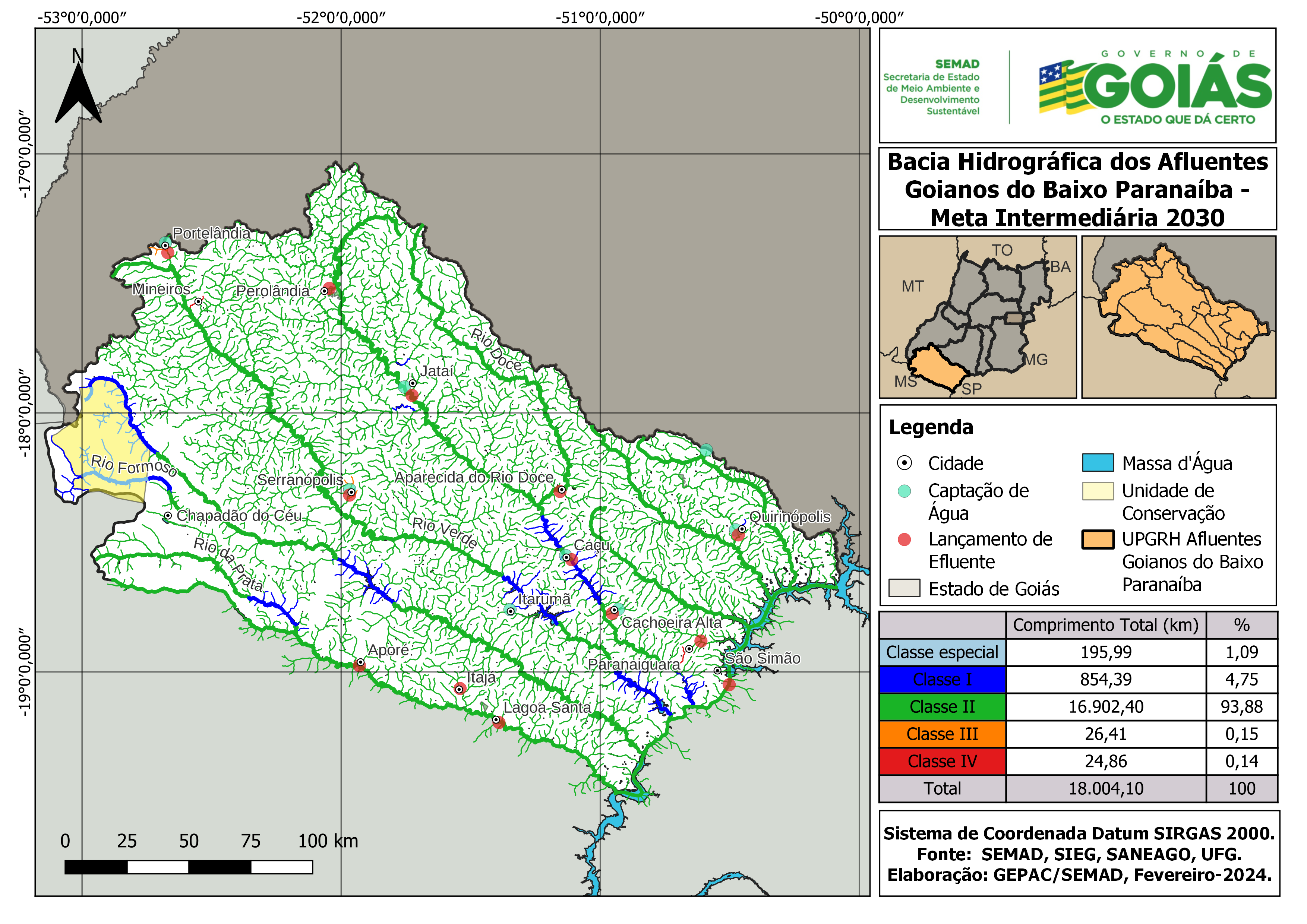 Figura – Proposta de enquadramento para o ano de 2030 da UPGRH dos Afluentes Goianos do Baixo Paranaíba considerando a Proposta do Grupo de Trabalho da SEMAD.